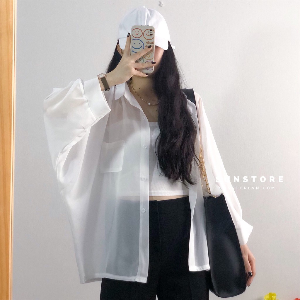 Áo khoác chất voan mỏng ngoài dáng sơ mi màu trắng Ulzzang