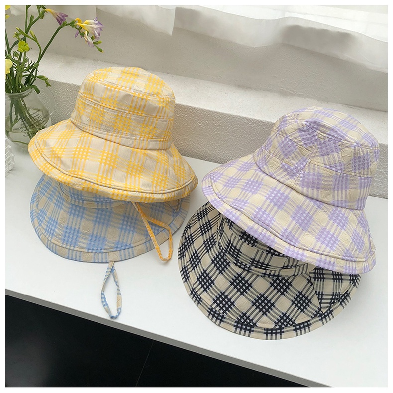 Nón Bucket Rộng Vành Họa Tiết Sọc Caro Phong Cách Nhật Bản Thời Trang Mùa Hè Cho Nữ
