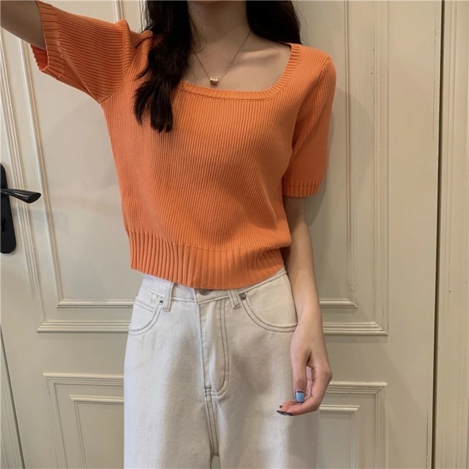 Áo Thun Tay Ngắn Cổ Vuông Màu Trắng Thời Trang Mùa Hè Xinh Xắn Cho Nữ