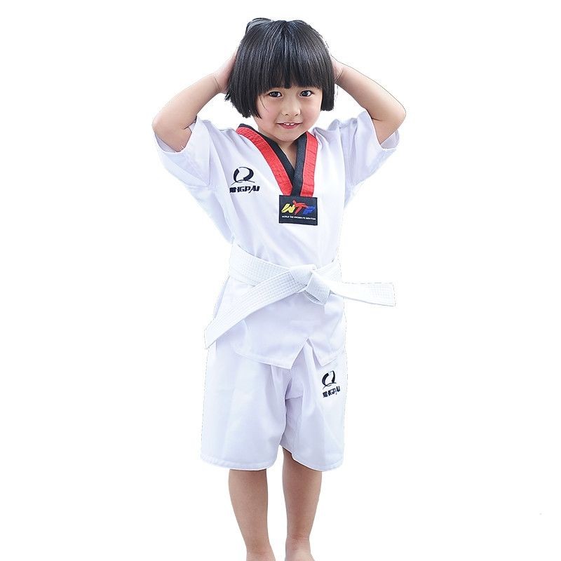 Quần áo Taekwondo trẻ em người lớn cotton dài tay Đồng phục đường trường mùa hè karate và đai túi ngắn đi