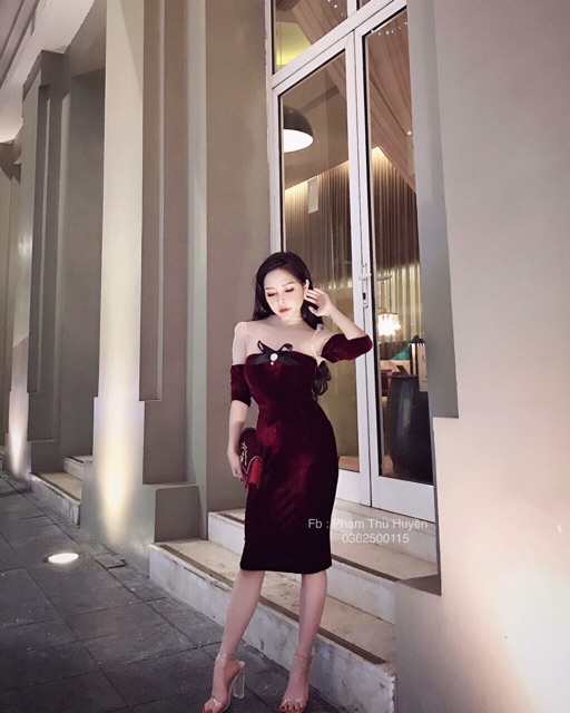 Váy body nhung pha lưới tag nơ siêu xinhhh