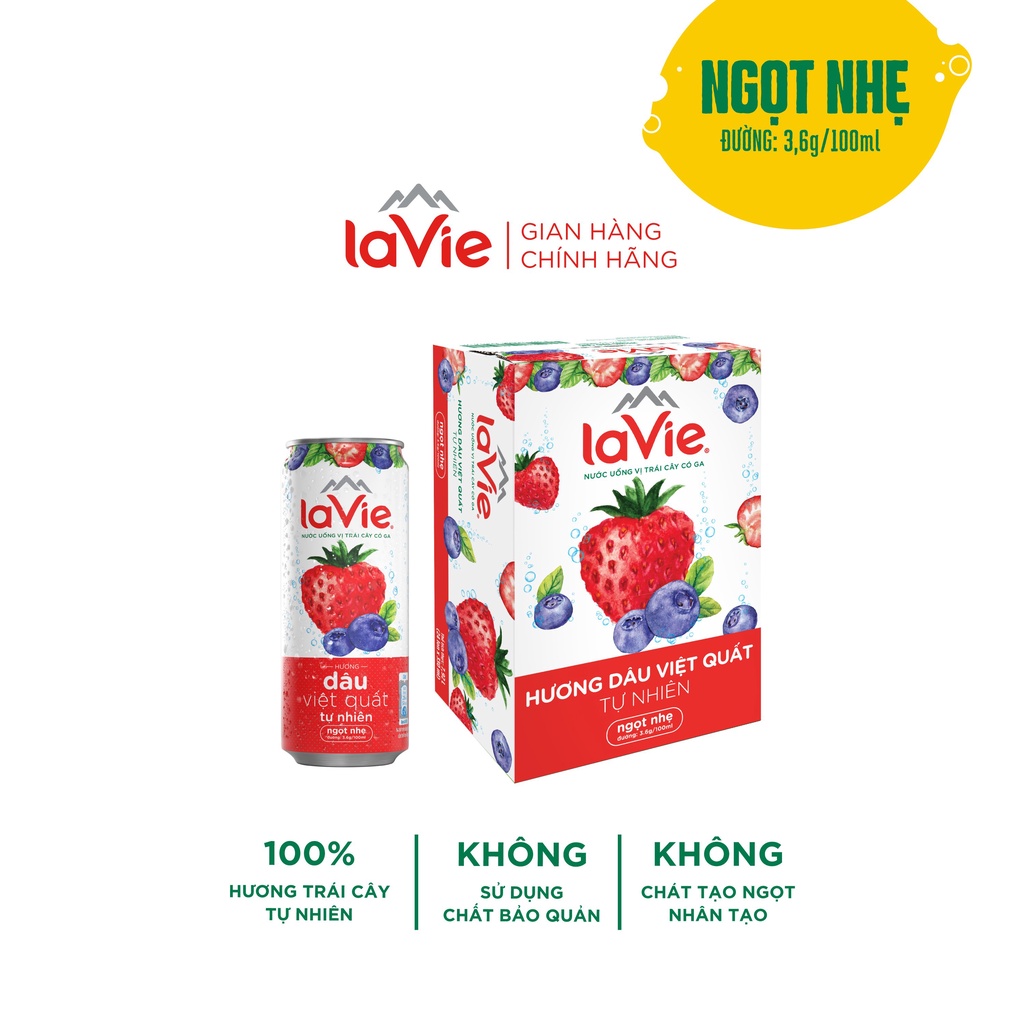 Thùng 24 lon Nước uống vị trái cây có ga La Vie - Vị Dâu Việt Quất (24 lon x 330ml/lon)