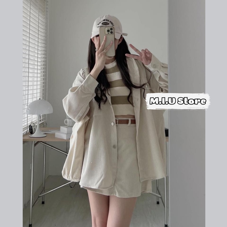 Set áo khoác sơ mi nhung tăm dài tay mix chân váy chữ A trẻ trung