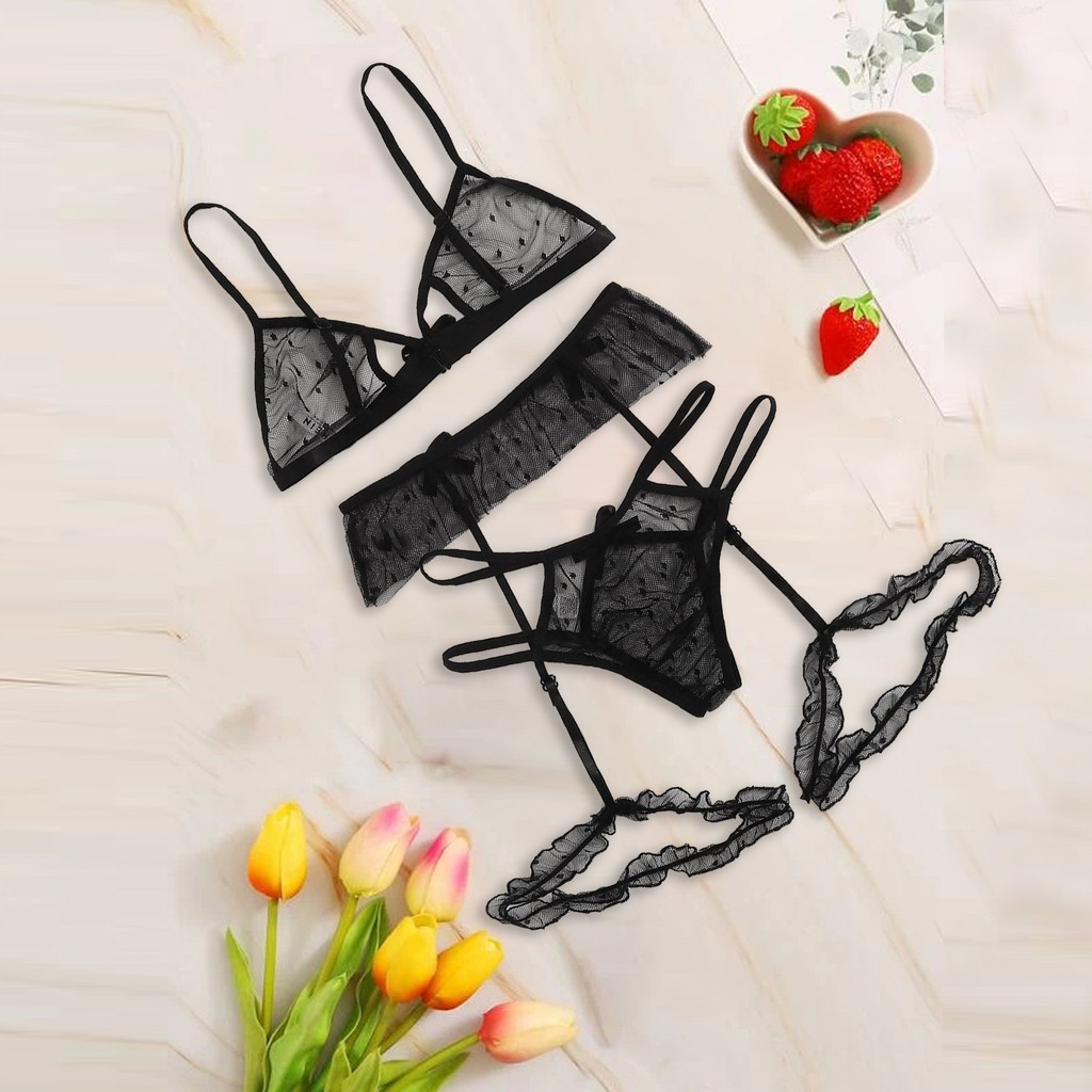 Set đồ lót vải lưới xuyên thấu ba món có dây đai