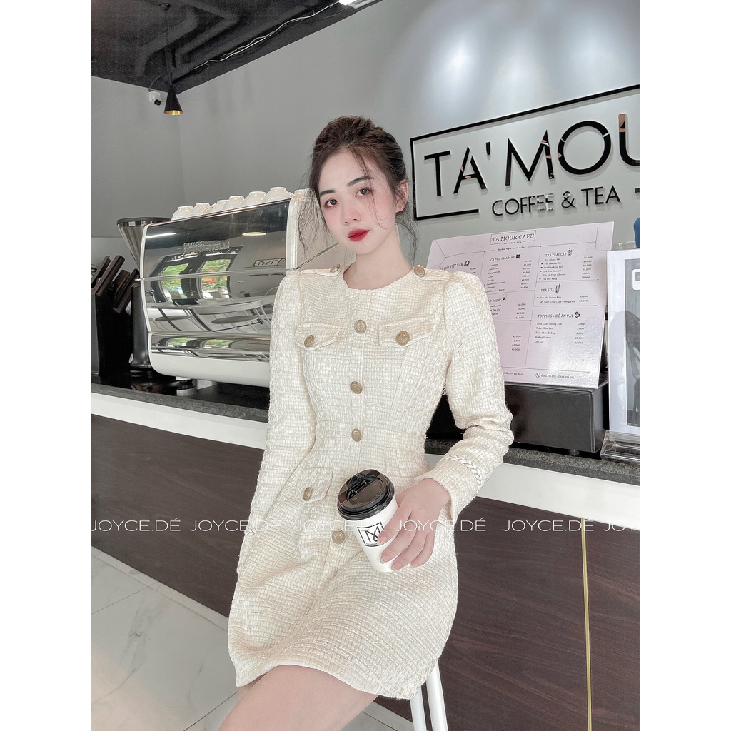 Váy dạ Tweed sang chảnh cúc đồng viền tay 2 lớp