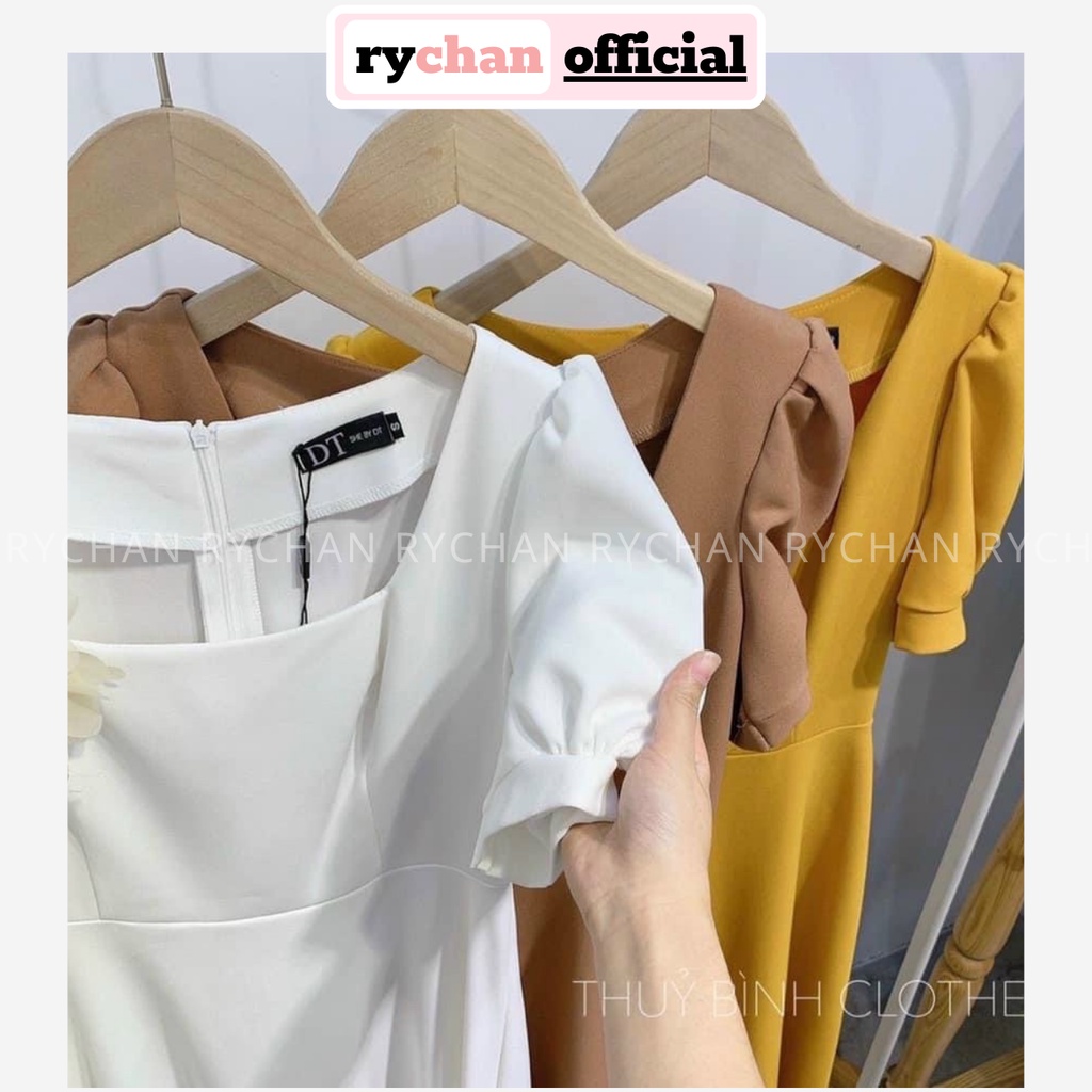 Đầm Xòe Midi Cổ Vuông Tay Phồng Đính Hoa Ngực [Ảnh Thật Cuối] - DX9968