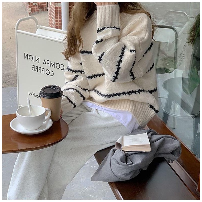 MS853 Áo len nữ ấm kẻ ngang cổ tròn siêu dày dặn