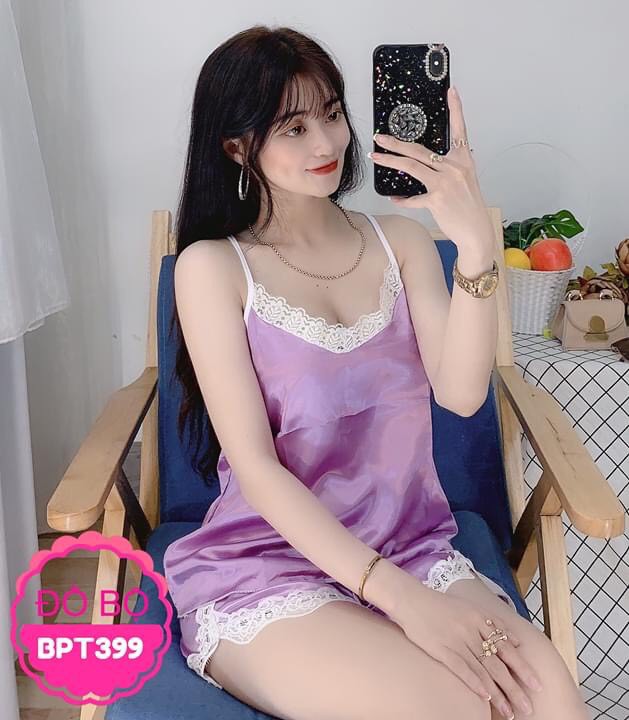 BỘ ĐỒ NGỦ PHI BÓNG HAI DÂY PHỐI REN LƯNG ĐEN FREESIZE DƯỚI 54KG | BigBuy360 - bigbuy360.vn