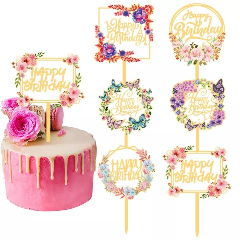 Ký Sinh Nhật Acrylic Bánh Topper Happy Flower In Màu Vàng