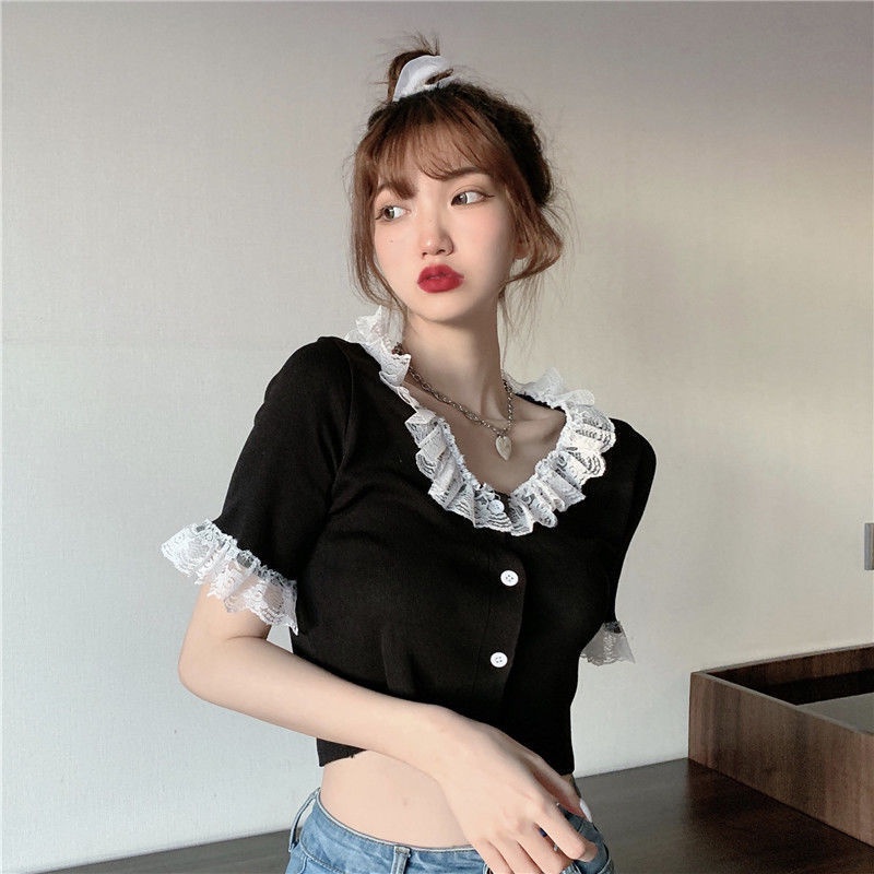 Áo dệt kim tay ngắn phối ren dáng ôm phong cách mùa hè thời trang cho nữ