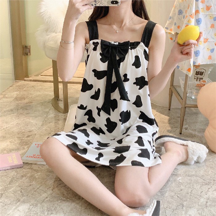Váy Ngủ- Đầm Mặc Nhà nữ 2 dây họa tiết Bò Sữa chất cotton mềm mát  V291