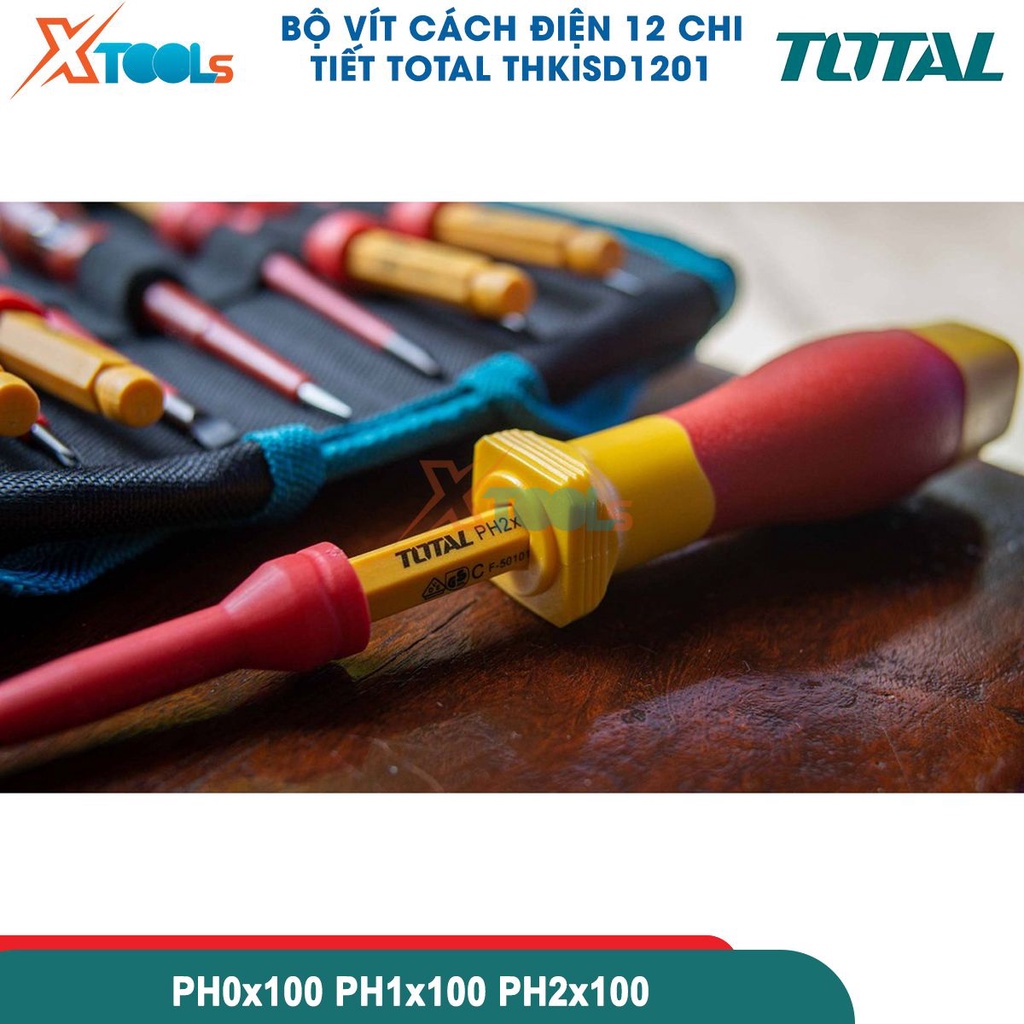 Bộ tua vít cách điện 1000v 12 chi tiết TOTAL THKISD1201, Bộ 12 tuốc nơ vít cách điện thay đổi đầu [CHÍNH HÃNG][XTOOLS]