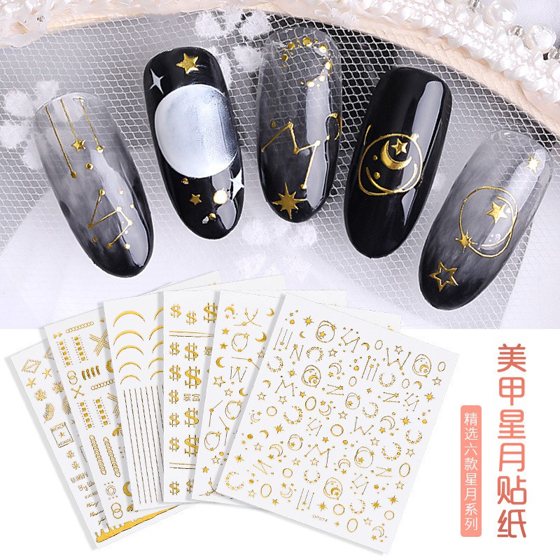 [Hàng mới về] Miếng dán trang trí móng màu vàng họa tiết trăng sao 3D phong cách Nhật Bản xinh xắn