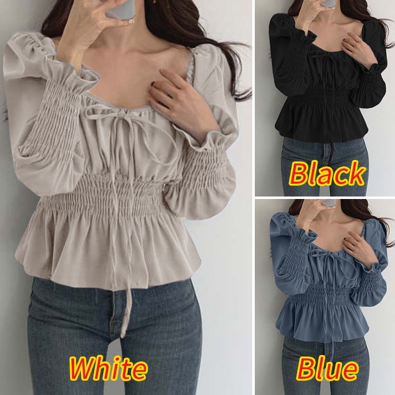 Áo kiểu ZANZEA tay dài loe xếp li lưng thun thời trang cho nữ