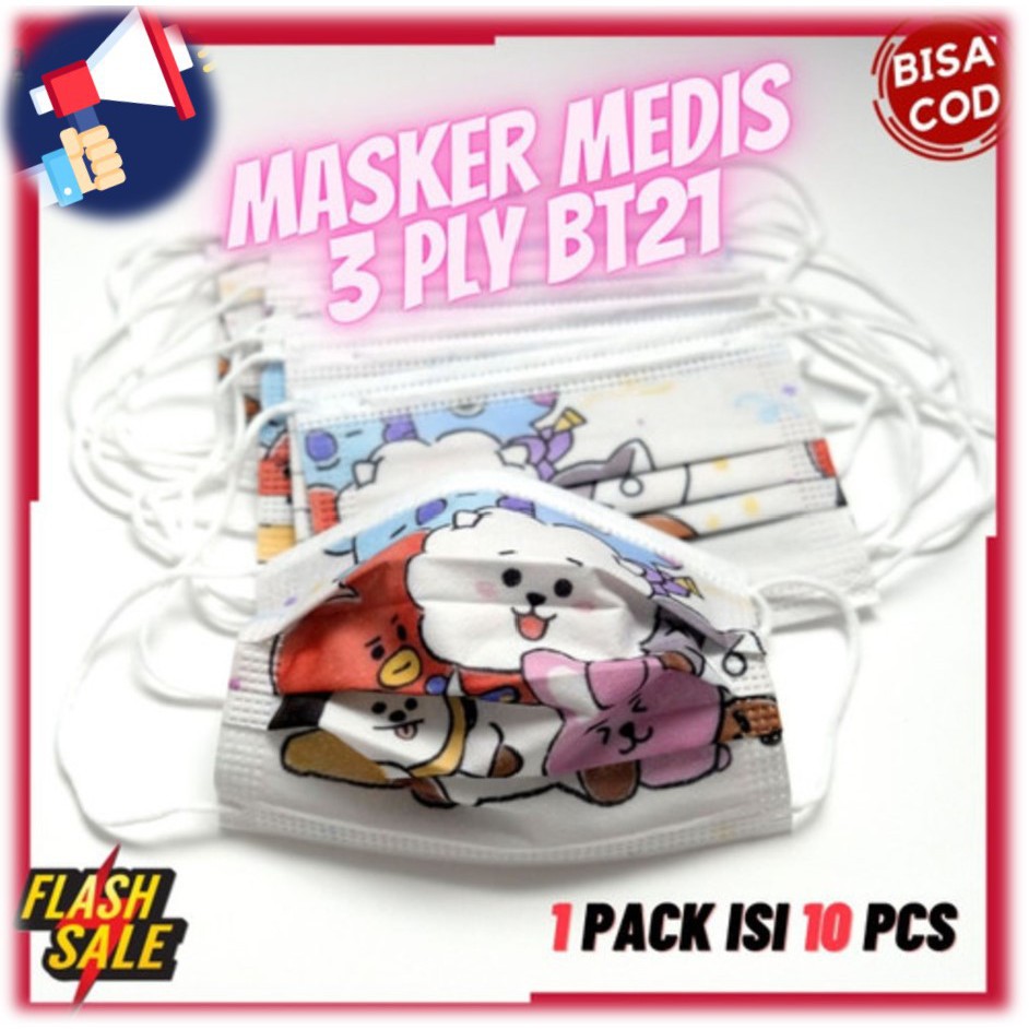 Set 10 Khẩu Trang Hijab Bts Bt21 / Earloop 3 Ply