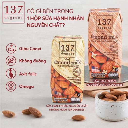 Sữa Hạt Hạnh Nhân Nguyên Chất 137 Degrees 180ML (Lốc 3 Hộp)