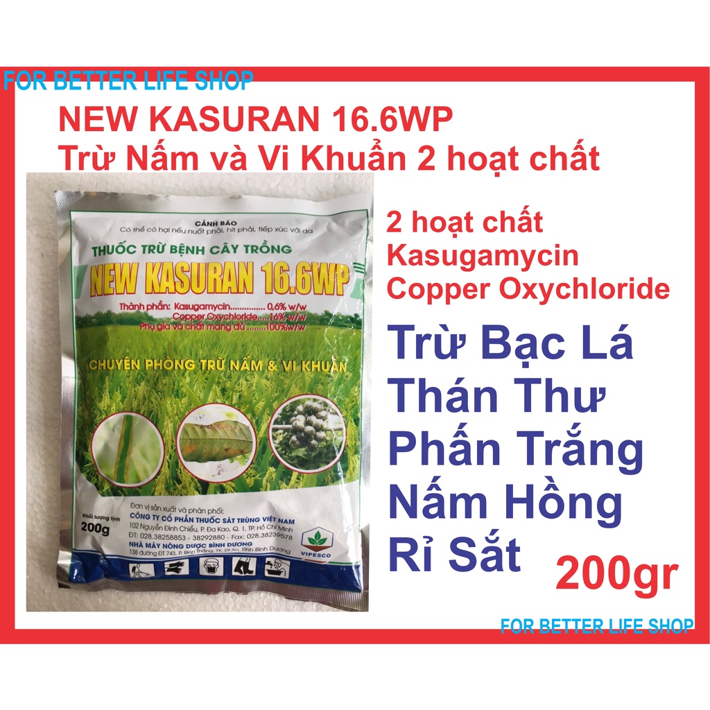 New Kasugan 200gr 2 hoạt chất trừ rỉ sắt, thán thư, phấn trắng, nấm hồng, loét sẹo, ghẻ nhám, đốm rụng lá, đốm dầu, đốm