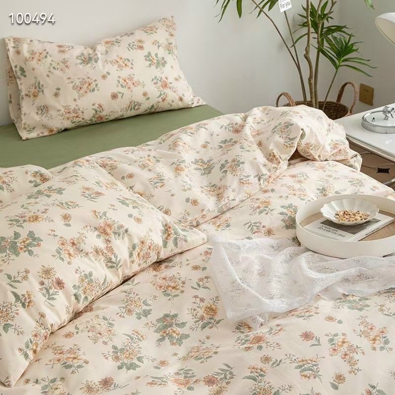 Bộ vỏ chăn ga gối Cotton Living  cao cấp - hoa nhí trắng ga xanh lá