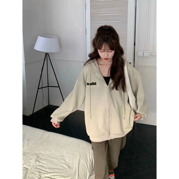 Áo Khoác Nỉ Nữ Dây Khóa Kéo Thêu Logo Chữ Nón Lớn Có Dây Rút Mũ Phối Túi Hộp NEW UNISEX