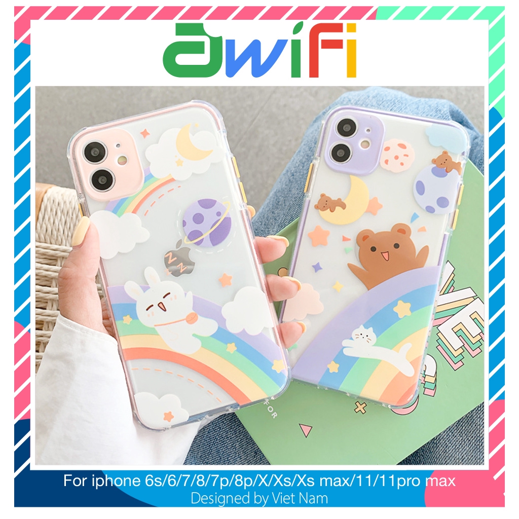 Ốp iphone -Ốp lưng Gấu thỏ vũ trụ cầu vồng trong 4 góc 6/6splus/7/8/7plus/8plus/x/xs/xsmax/11/11promax - Awifi Case V4-9