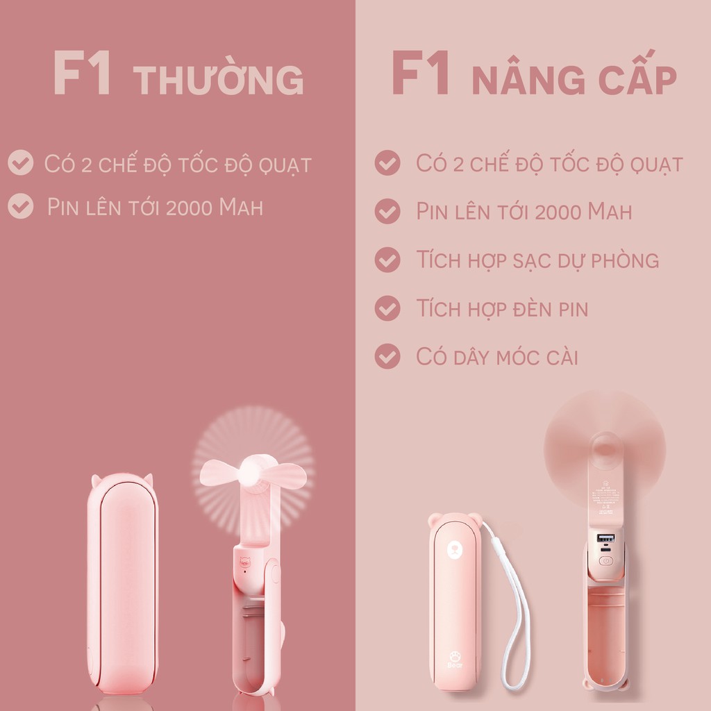 Quạt mini cầm tay đa năng 3in1 gấu bear phiên bản nâng cấp F1 - Hoạt động tới 24 giờ liên tục - Dung lượng 2000mAh