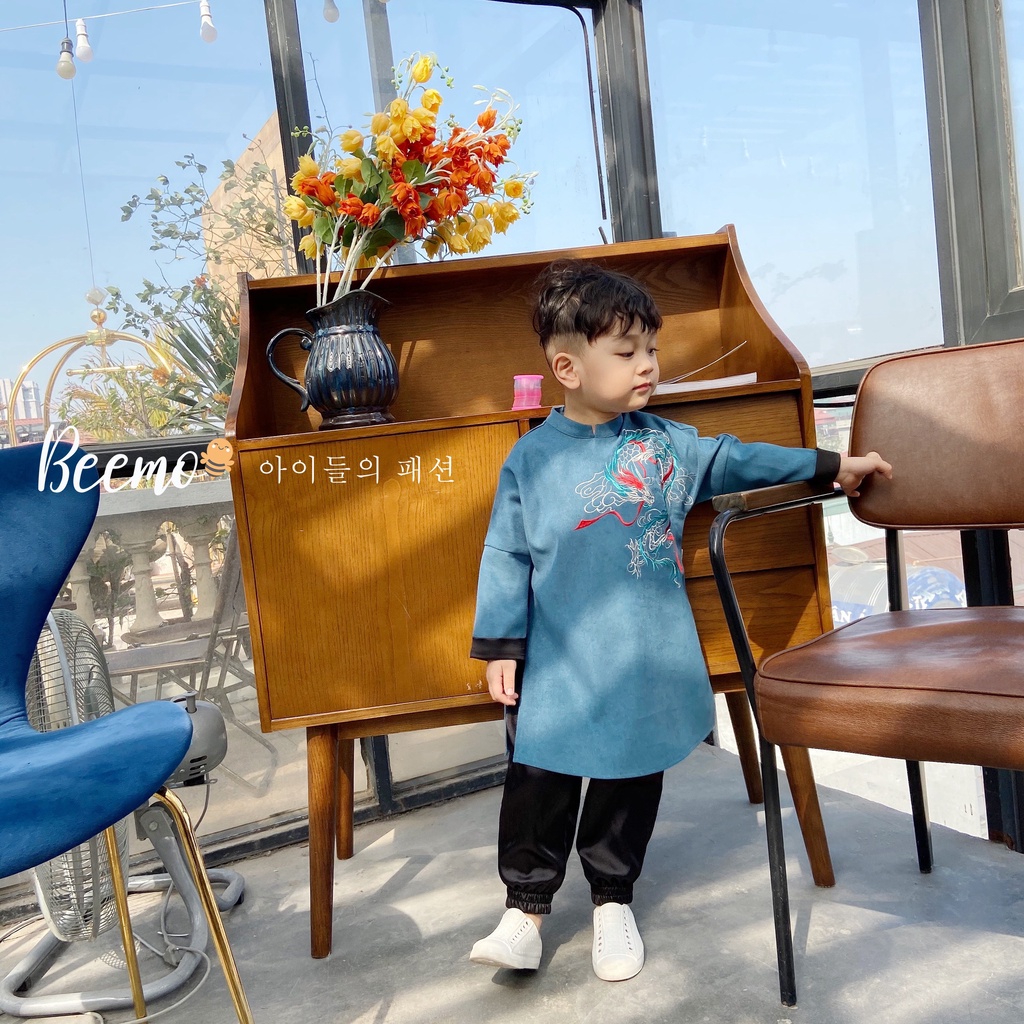 Bộ set áo dài Beemo chất liệu nhung chéo mềm mịn thêu hình rồng kèm quần lụa bóng đen - 21D071