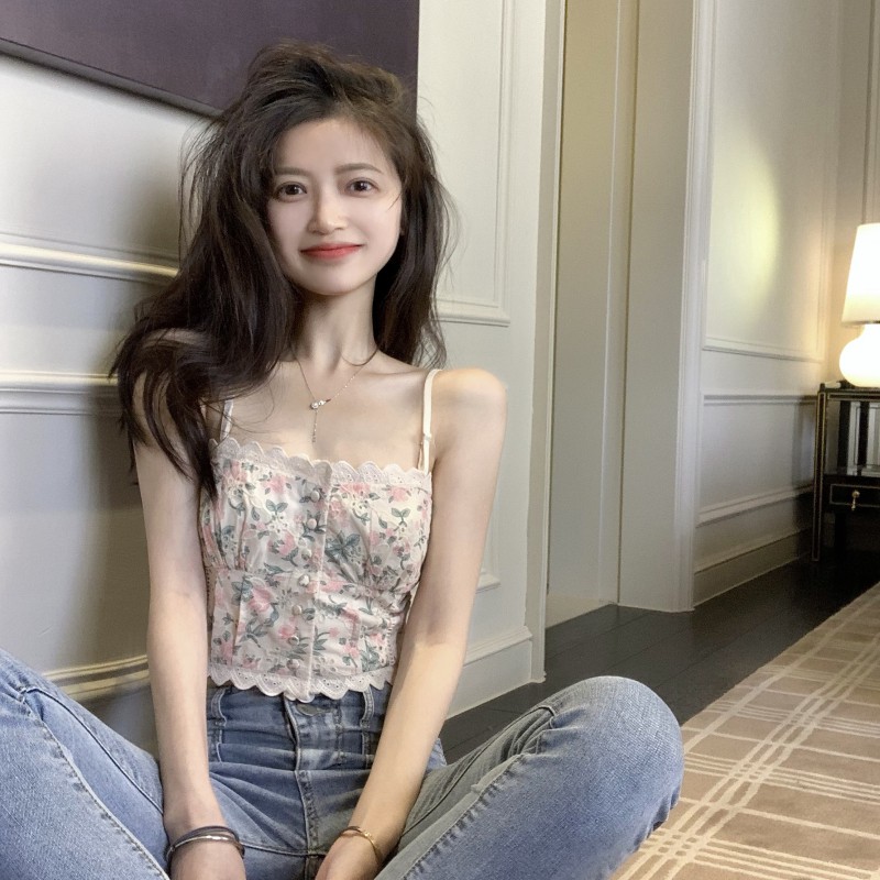 Cocory vn Áo Croptop Hai Dây Phối Ren In Hoa Phong Cách Quyến Rũ | BigBuy360 - bigbuy360.vn