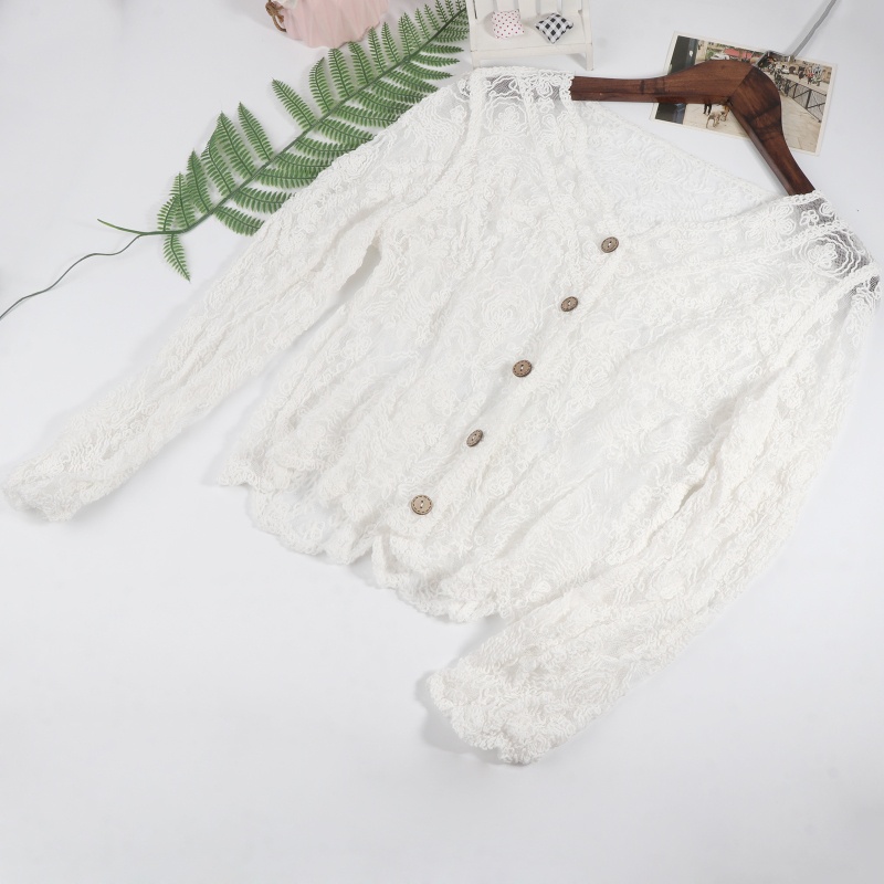 Brroa Áo Cardigan Ren Tay Loe Dài Cổ Chữ V Cài Nút Xuống Đan Móc Xuyên Thấu Họa Tiết Hoa Mùa Thu Hàn Quốc