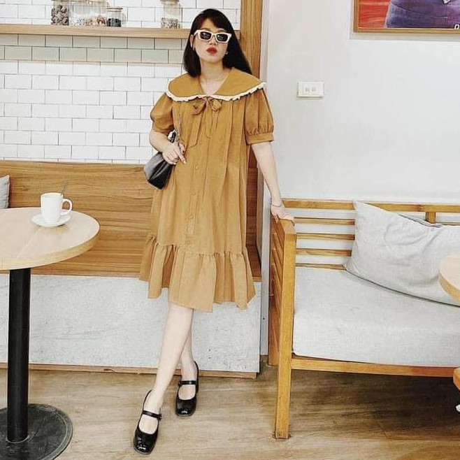 Váy bầu công sở - Đầm bầu suông mẫu thiết kế mới chất đũi hàn freesize tới 70kg - HT-KidsMomy
