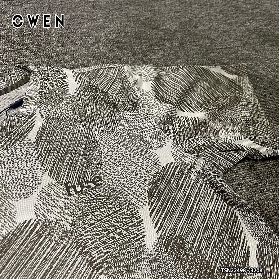 Áo thun nam ngắn tay cổ tròn OWEN TSN22498 phông T-shirt vải polyester thể thao dáng body fit màu xám in họa tiết