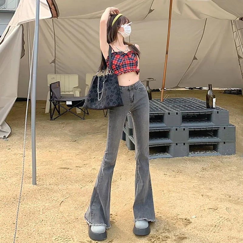 Jiashucheng Quần Jean Dài Ống Rộng Sờn Dễ Phối Đồ Thời Trang Mùa Hè