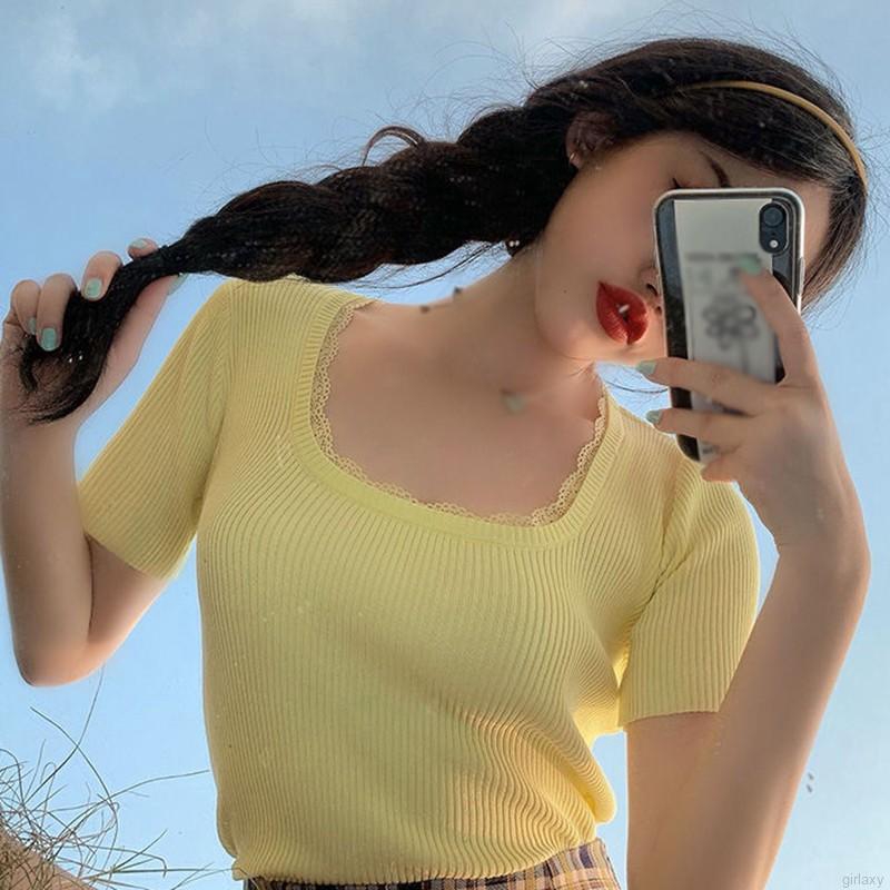 Áo Len Tay Ngắn Ôm Dáng Phong Cách Hàn Quốc Dành Cho Nữ