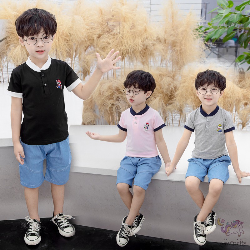 Set Áo Thun Ngắn Tay In HỌa Tiết Hoạt Hình Kèm Quần Ngắn Cho Bé Trai