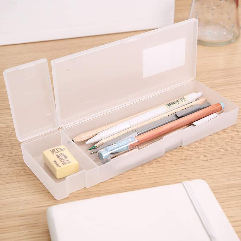 Hộp nhựa mờ 2 ngăn dùng để đựng bút viết, phụ kiện nail, văn phòng phẩm