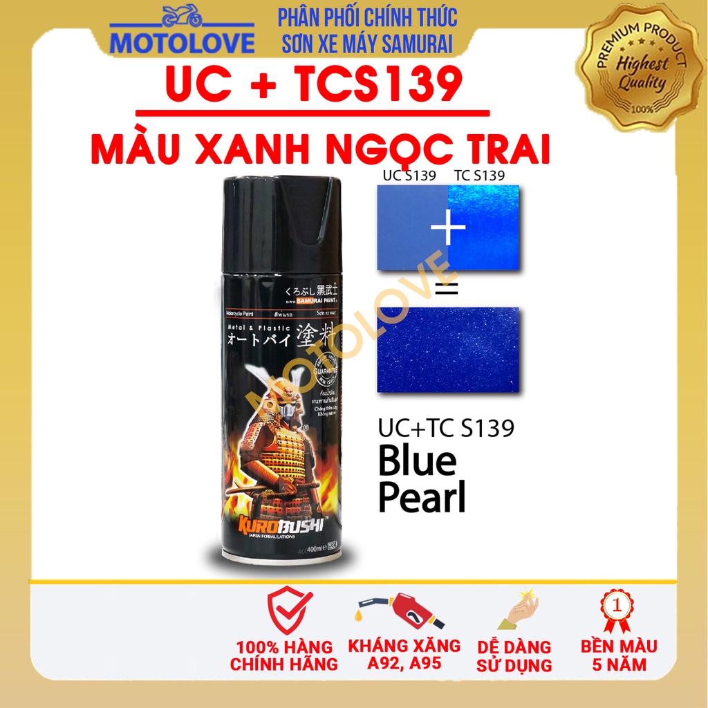 Combo sơn samurai màu xanh ngọc trai UC + TCS139  loại 2K chuẩn quy trình độ bền 5 năm gồm 2K04 - UCS139- TCS139 -2k01