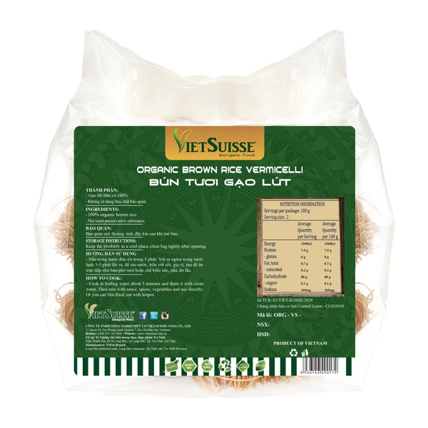 Bún tươi gạo lứt hữu cơ sấy khô VietSuisse (70g x 15 gói/túi)