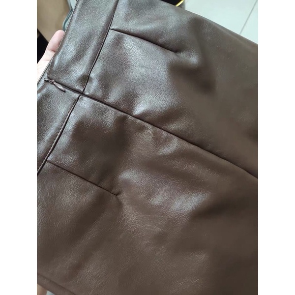 Chân váy da tông màu nâu vintage dáng chữ A dáng ngắn có quần trong đi làm đi chơi du lịch