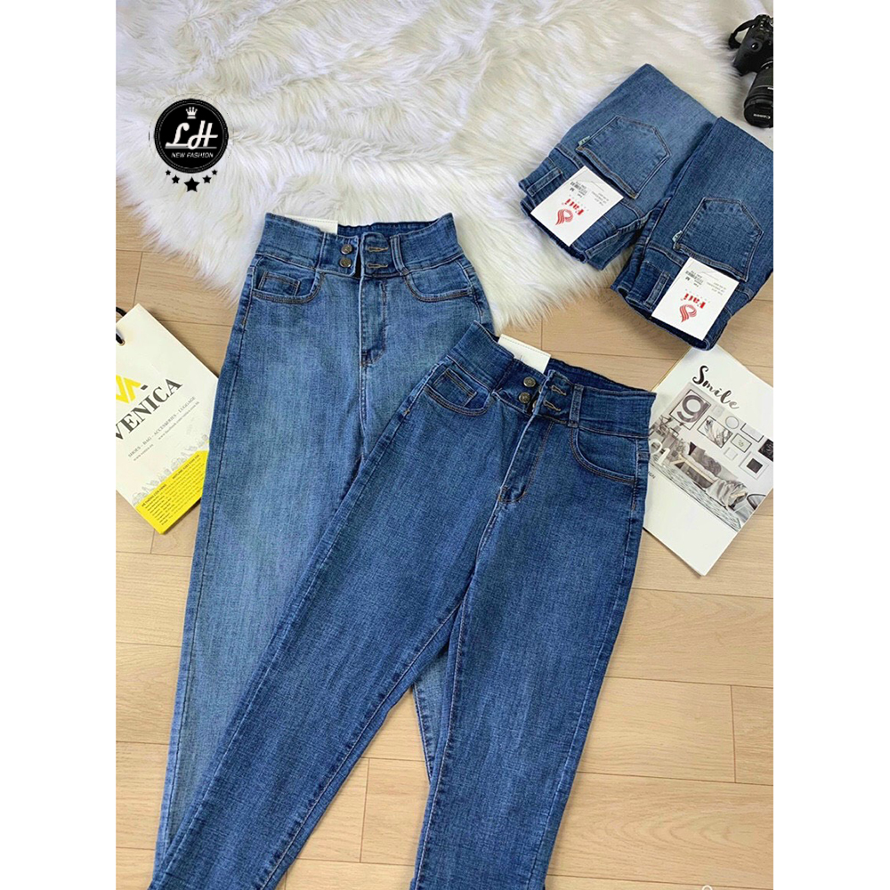 Quần jean nữ lưng cao, quần bò ôm dáng 4 cúc 2 khuy siêu co dãn màu xanh trơn form đùi to Ms 176