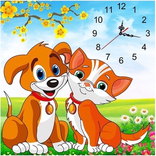 Tranh đính đá đồng hồ chó con dễ thương kích thước: 55cm x 55cm