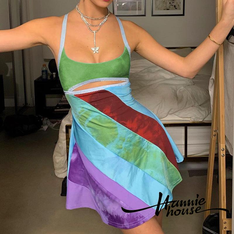 Đầm Chữ A Cổ Chữ U Màu Sắc Tương Phản Thời Trang Cho Nữ