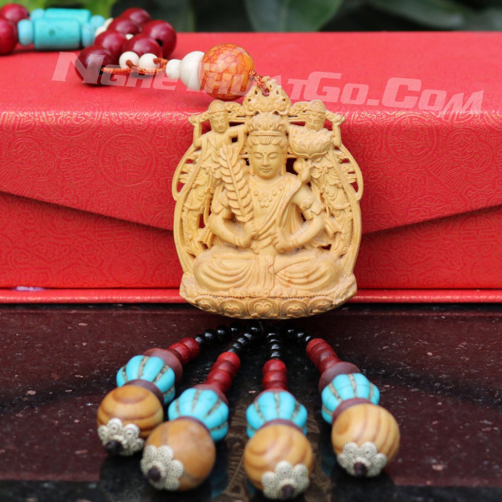 Dây treo xe ô tô tượng Phật Hư Không Tạng Bồ Tát bằng gỗ Hoàng Dương- TẶNG 1 VÒNG ĐEO TAY - HÀNG CHUẨN HÌNH CHUẨN