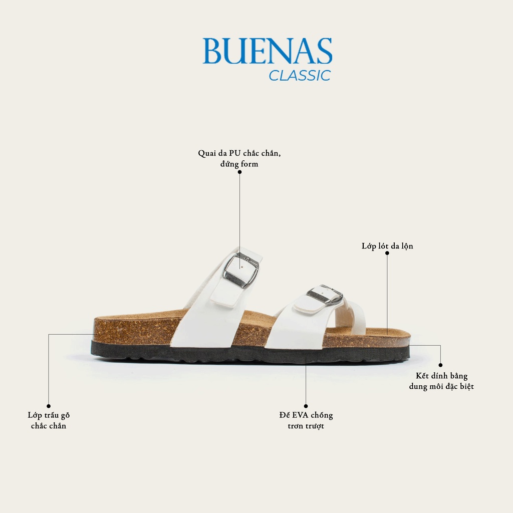 Dép đế trấu nam nữ da bò unisex birken quai chéo Buenas - BU02 trắng
