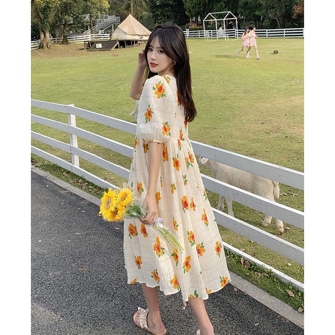 Đầm babydoll hoa vàng, váy maxi hoa dáng rộng tay phồng 2 lớp - V79