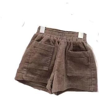 Quần short vải nhung cho bé gái Thu đông dáng rộng Phiên bản Hàn Quốc Plus Lông cừu sọc dày Quần short lông cừu thông thường