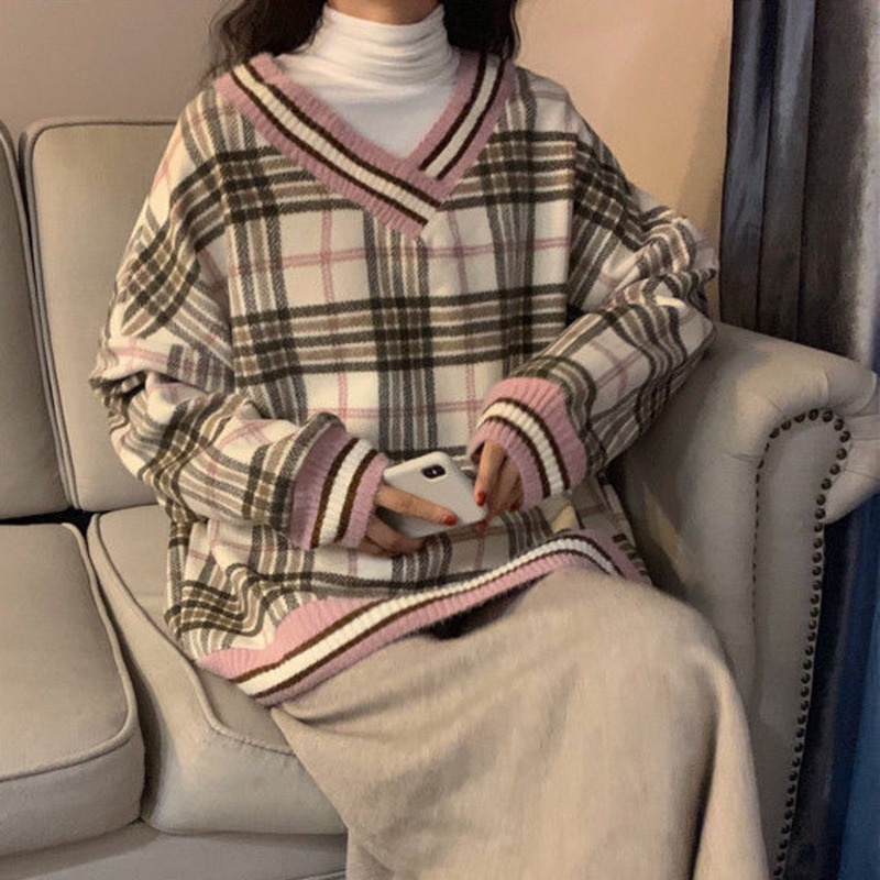 Áo len form rộng họa tiết sọc caro thời trang Hàn quốc | BigBuy360 - bigbuy360.vn