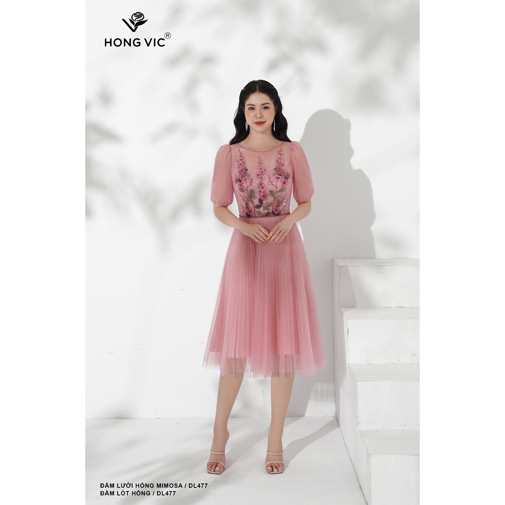 Đầm nữ thiết kế Hong Vic lưới hồng mimosa DL477