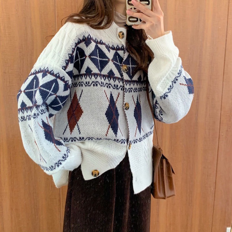 Áo Cardigan Nữ Họa Tiết Trám VinTage, Cardigan Len phối cúc tiểu thư điệu đà dáng rộng Siêu Xinh | BigBuy360 - bigbuy360.vn