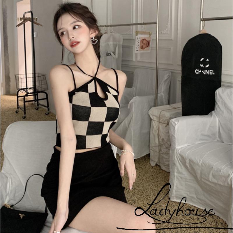 Áo Croptop Hai Dây Họa Tiết Caro Gợi Cảm Cho Nữ