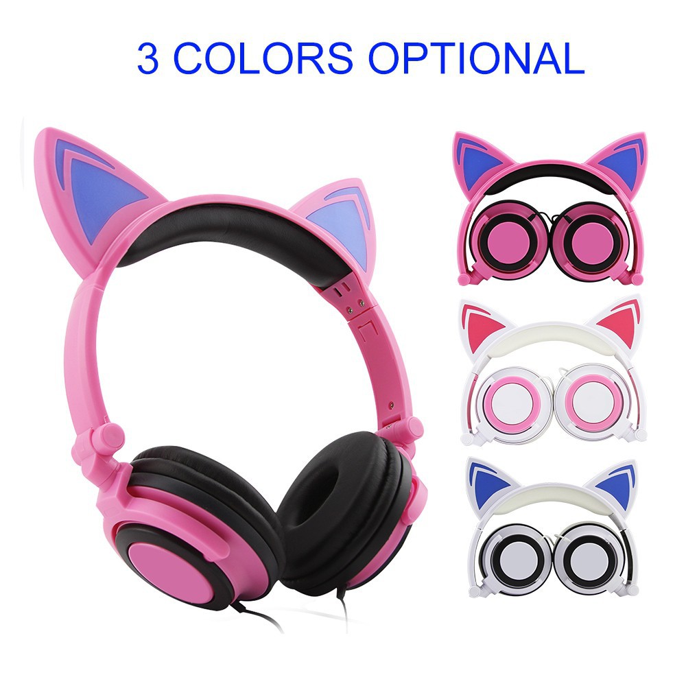 Headphones LED Ear Headphone Foldable Cat Earphone Flashing Glowing Headset Gaming Earphones for Adult and Children