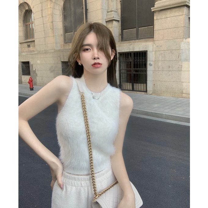 Áo tank top sát nách phối lông quyến rũ cho nữ